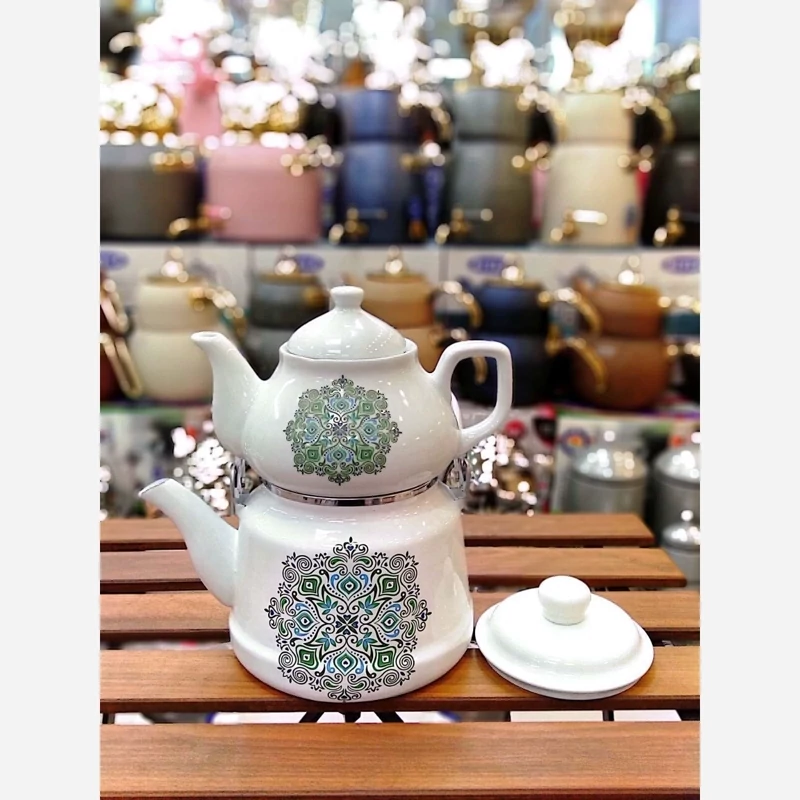 کتری قوری لعابی طرح دار  جنس کتری لعابی قوری چینی