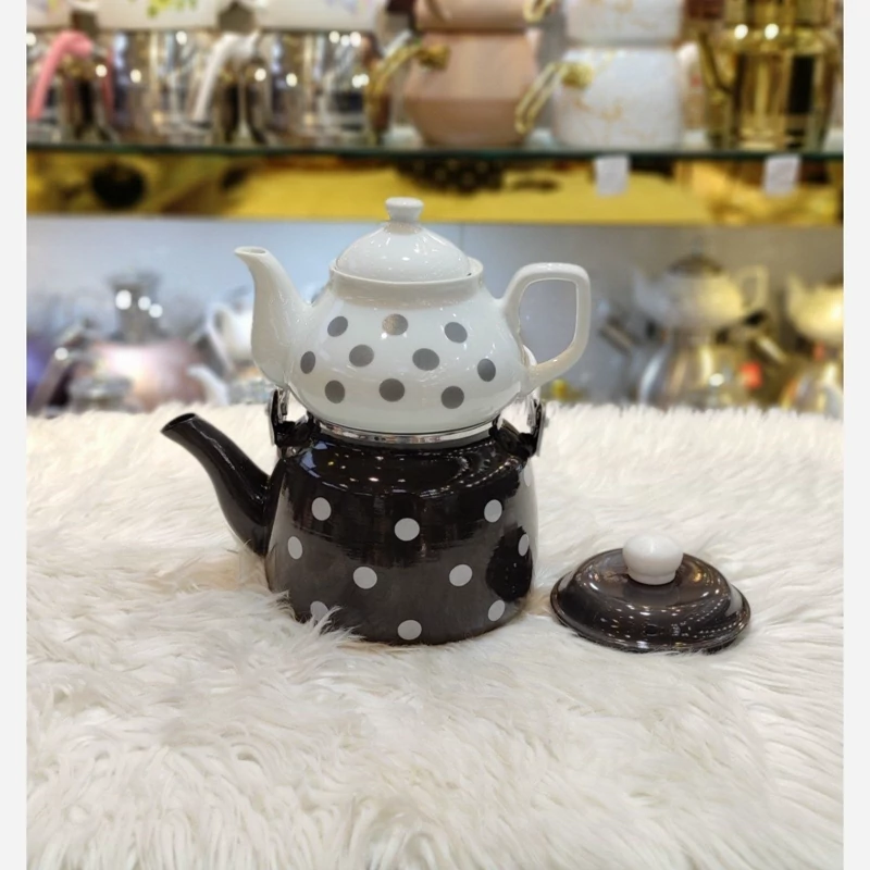 کتری قوری خال خالی لعابی با قوری چینی